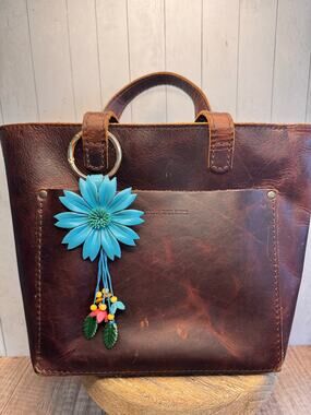 Blue Dahlia Purse Charm Genuine Leather Flower Blue Bag Charm NEW FAST SHIP
